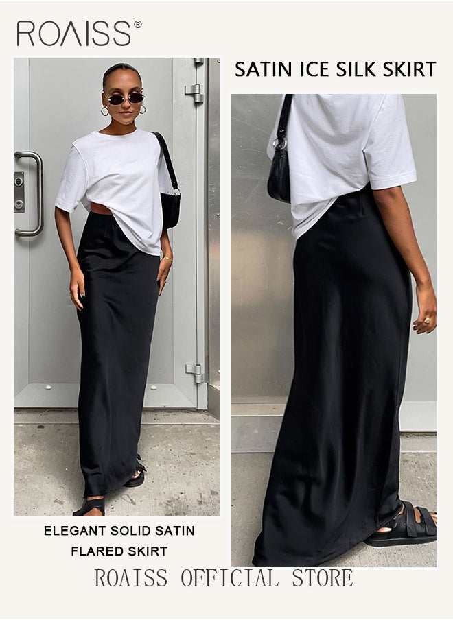 roaiss Stylish Women Silk Satin Midi Skirt Solid Color Design Flattering for All Leg Types Comfortable and Elegant Ladies Long Length Skirt  - Image 5