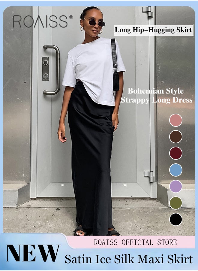 roaiss Stylish Women Silk Satin Midi Skirt Solid Color Design Flattering for All Leg Types Comfortable and Elegant Ladies Long Length Skirt  - Image 1