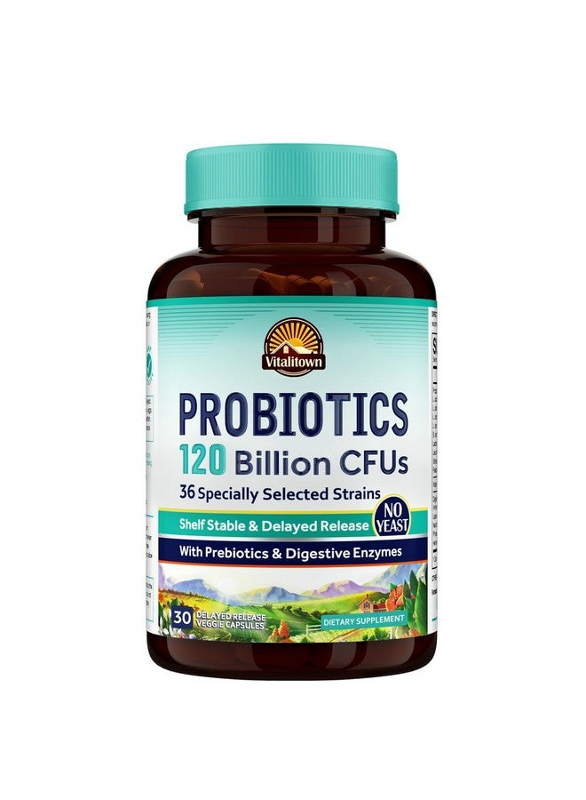 Vitalitown VITALITOWN Probiotics 120 Billion CFUs | 36 Strains, with Prebiotics & Digestive Enzymes for Men Women | Shelf Stable | Digestive Health & Immune Support | Vegan, Non-GMO | 30 Delayed Release Veg Caps  - Image 1