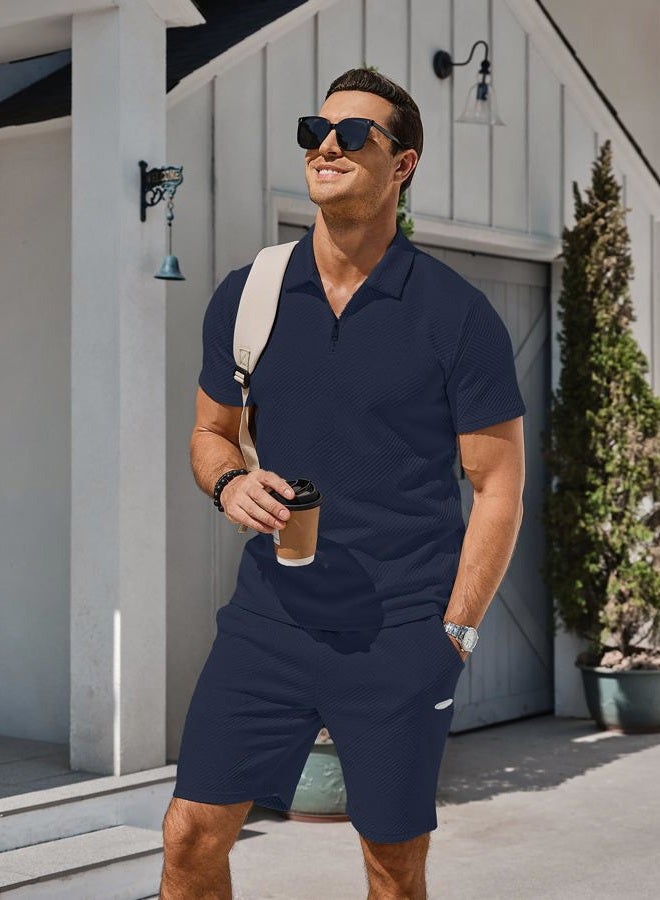 PLEPAN Men's Polo Shirt and Shorts Set Summer Outfits Fashion Casual Short Sleeve Polo Suit for Men 2 Piece Short Set X-Large Dark Blue - Image 3