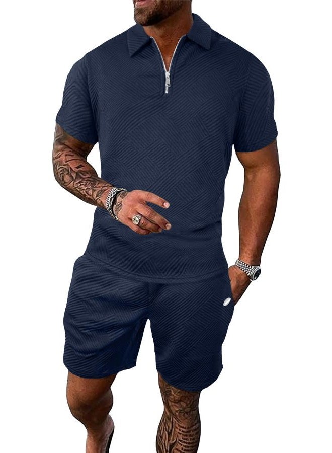 PLEPAN Men's Polo Shirt and Shorts Set Summer Outfits Fashion Casual Short Sleeve Polo Suit for Men 2 Piece Short Set X-Large Dark Blue - Image 1