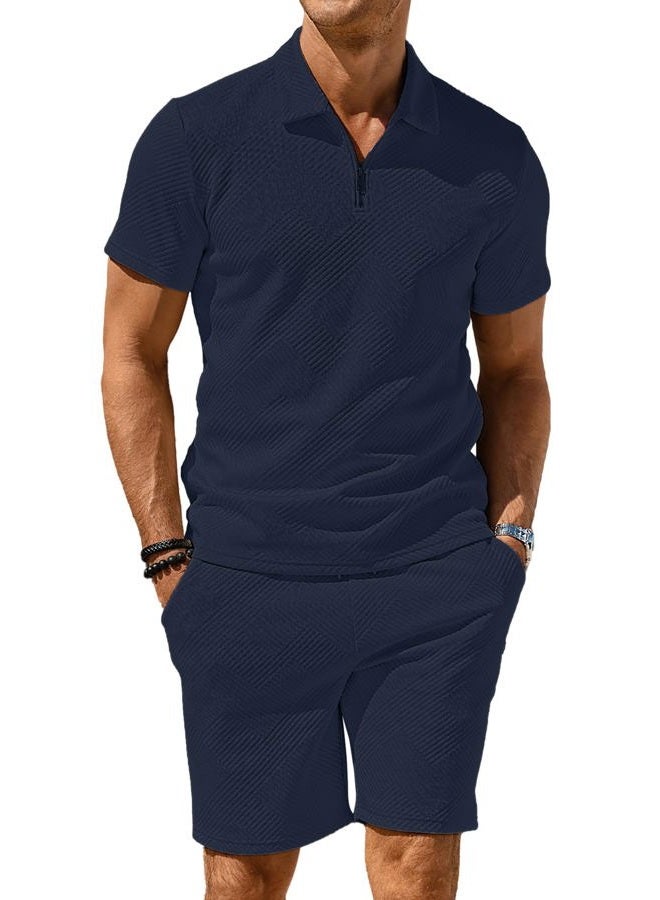 PLEPAN Men's Polo Shirt and Shorts Set Summer Outfits Fashion Casual Short Sleeve Polo Suit for Men 2 Piece Short Set X-Large Dark Blue - Image 2