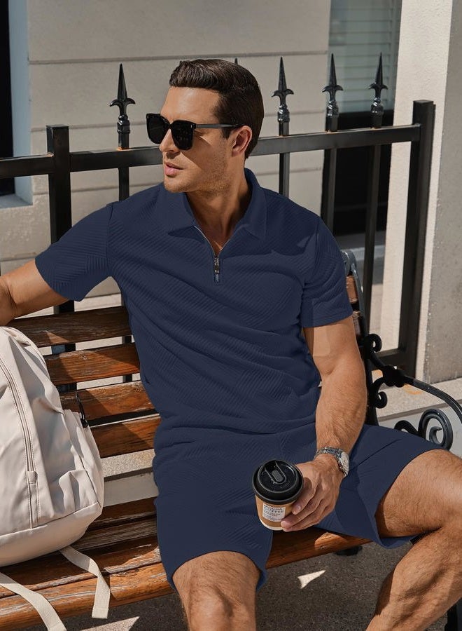 PLEPAN Men's Polo Shirt and Shorts Set Summer Outfits Fashion Casual Short Sleeve Polo Suit for Men 2 Piece Short Set X-Large Dark Blue - Image 4