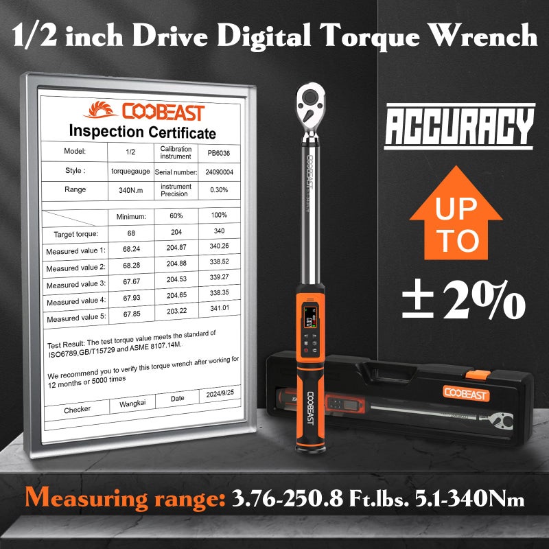 coobeast Digital Torque Wrench, 1/2 Drive Electronic Torque Screwdriver with Preset Value(3.76-250.8 Ft.lbs./5.1-340Nm), Buzzer and LED Flash Five Units of Measure Torque Wrench for Motorcycle, Auto Repair - Image 3