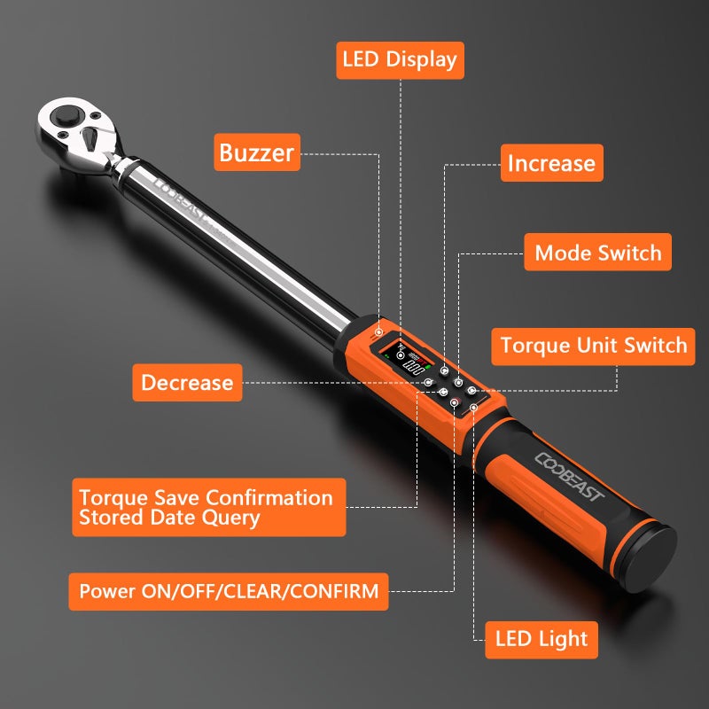 coobeast Digital Torque Wrench, 1/2 Drive Electronic Torque Screwdriver with Preset Value(3.76-250.8 Ft.lbs./5.1-340Nm), Buzzer and LED Flash Five Units of Measure Torque Wrench for Motorcycle, Auto Repair - Image 4