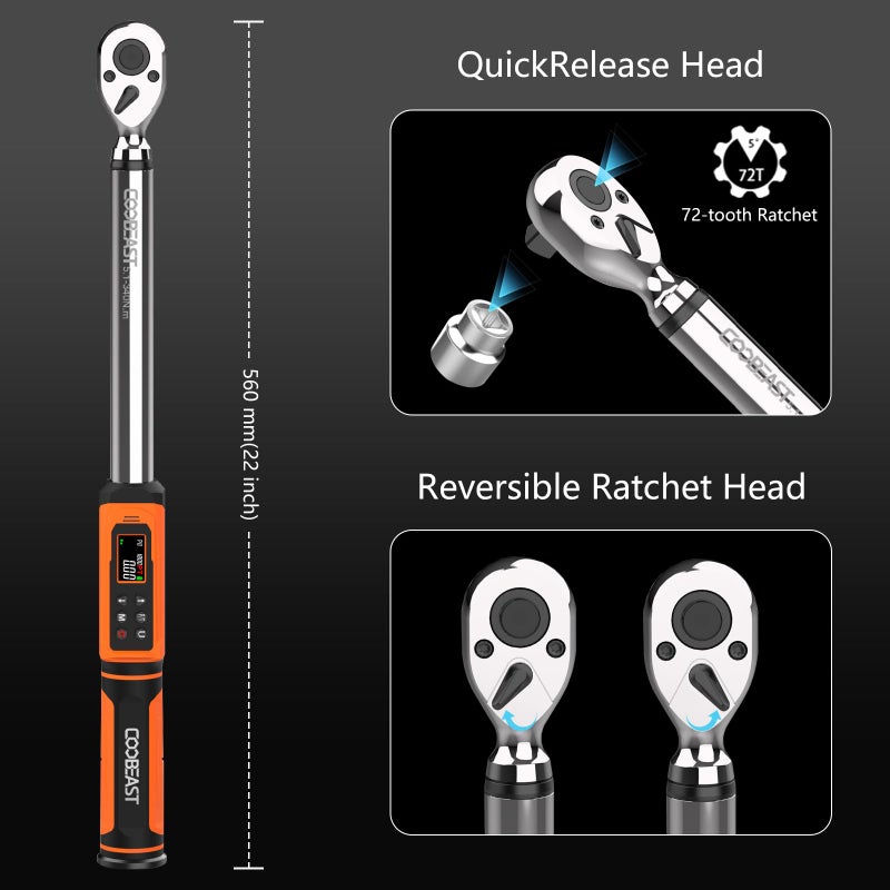 coobeast Digital Torque Wrench, 1/2 Drive Electronic Torque Screwdriver with Preset Value(3.76-250.8 Ft.lbs./5.1-340Nm), Buzzer and LED Flash Five Units of Measure Torque Wrench for Motorcycle, Auto Repair - Image 2