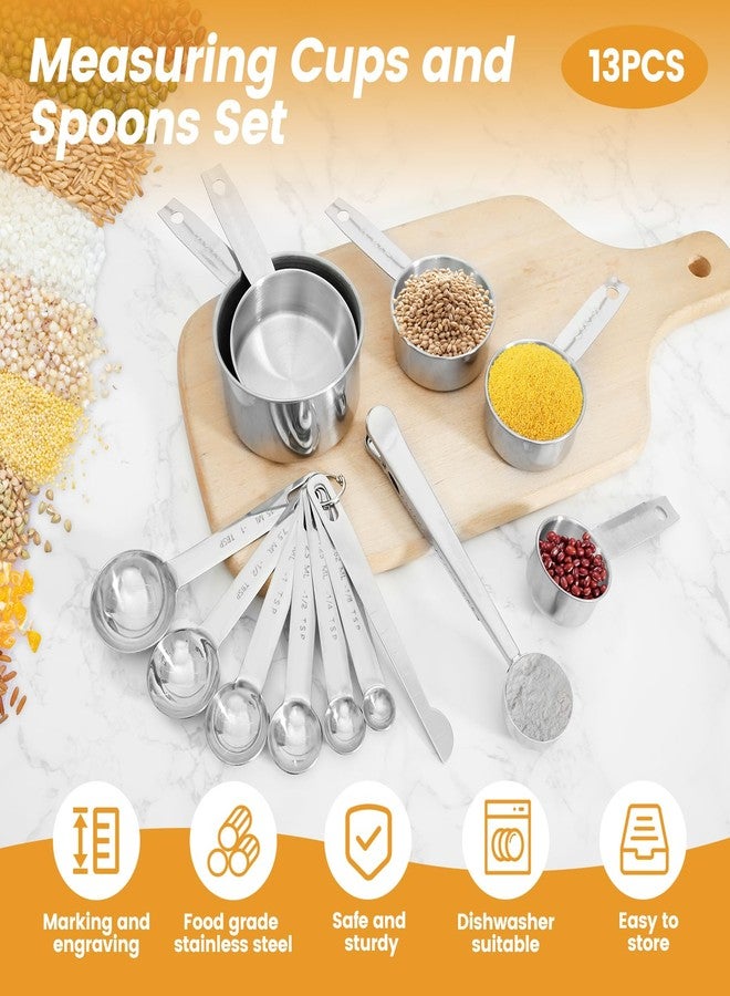 طقم أكواب وملاعق قياس من الفولاذ المقاوم للصدأ مكون من 13 قطعة، يشمل 5 أكواب قياس (1، 1/2، 1/3، 1/4، 1/8) و7 ملاعق قياس بأحجام مختلفة + مشبك ملعقة واحد، من أساسيات أدوات المطبخ - Image 3