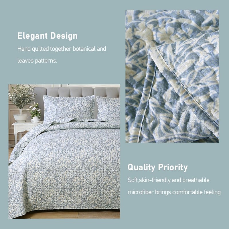 DURLENGEN Quilt Set Queen Size 3Pcs, Bluish Grey Printed with Beige Leaves Pattern,Soft Microfiber Lightweight Bedspread for All Season Layering(Queen 90x96,Beige Botanical) - Image 4