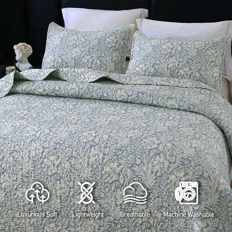 DURLENGEN Quilt Set Queen Size 3Pcs, Bluish Grey Printed with Beige Leaves Pattern,Soft Microfiber Lightweight Bedspread for All Season Layering(Queen 90x96,Beige Botanical) - Image 3