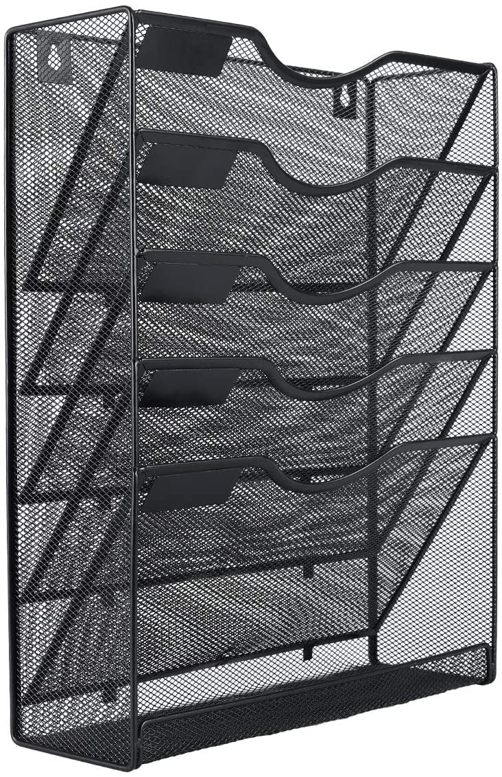 Styxon Metal Mesh File Organizer 5 Tier Black Wall Mount Hanging File Organizer Vertical Paper Folder Sorter with Nametag Label for Office Home | 12.75 x 4.25 x 16 inches | Black - Image 1