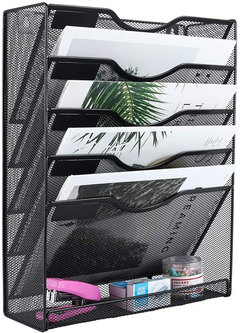 Styxon Metal Mesh File Organizer 5 Tier Black Wall Mount Hanging File Organizer Vertical Paper Folder Sorter with Nametag Label for Office Home | 12.75 x 4.25 x 16 inches | Black - Image 3