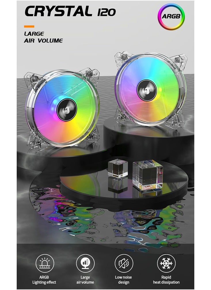 كريستال مراوح هيكل الكمبيوتر RGB، مراوح تبريد هيكل RGB هادئة 120 مم، مزامنة ARGB PWM 5 فولت، مظهر بلوري، مروحة كمبيوتر عالية الأداء للهيكل، مروحة يتم التحكم في درجة حرارتها  - Image 2