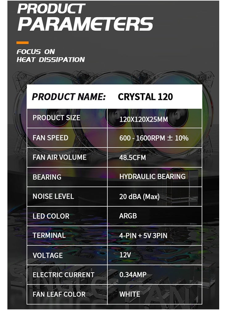 كريستال مراوح هيكل الكمبيوتر RGB، مراوح تبريد هيكل RGB هادئة 120 مم، مزامنة ARGB PWM 5 فولت، مظهر بلوري، مروحة كمبيوتر عالية الأداء للهيكل، مروحة يتم التحكم في درجة حرارتها  - Image 3