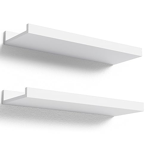 Boswillon Floating Shelves Wall Mounted Set of 2, Modern White Shelves for Bedroom, Nursery Shelves with Lip, Display Picture Ledge Shelf for Wall Decor Living Room Bathroom Kitchen - White - Image 1