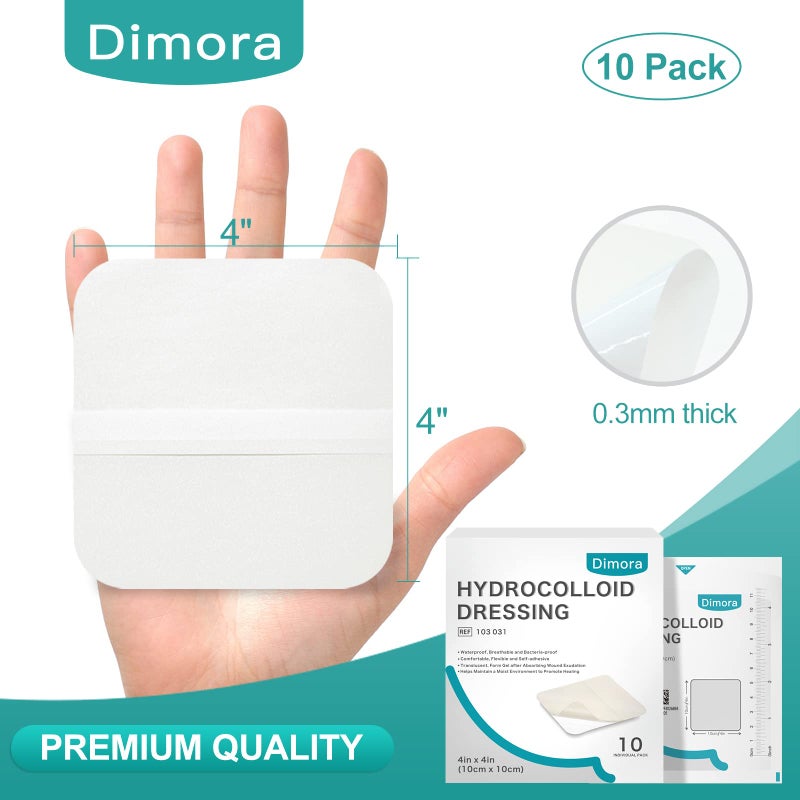 Dimora Hydrocolloid Wound Dressing, 10 Pcs Ultra Thin 4" x 4" Large Patch Bandages with Self-Adhesive, Fast Healing for Bedsore, Burn, Blister, Acne Care, Sterile and Waterproof - Image 2