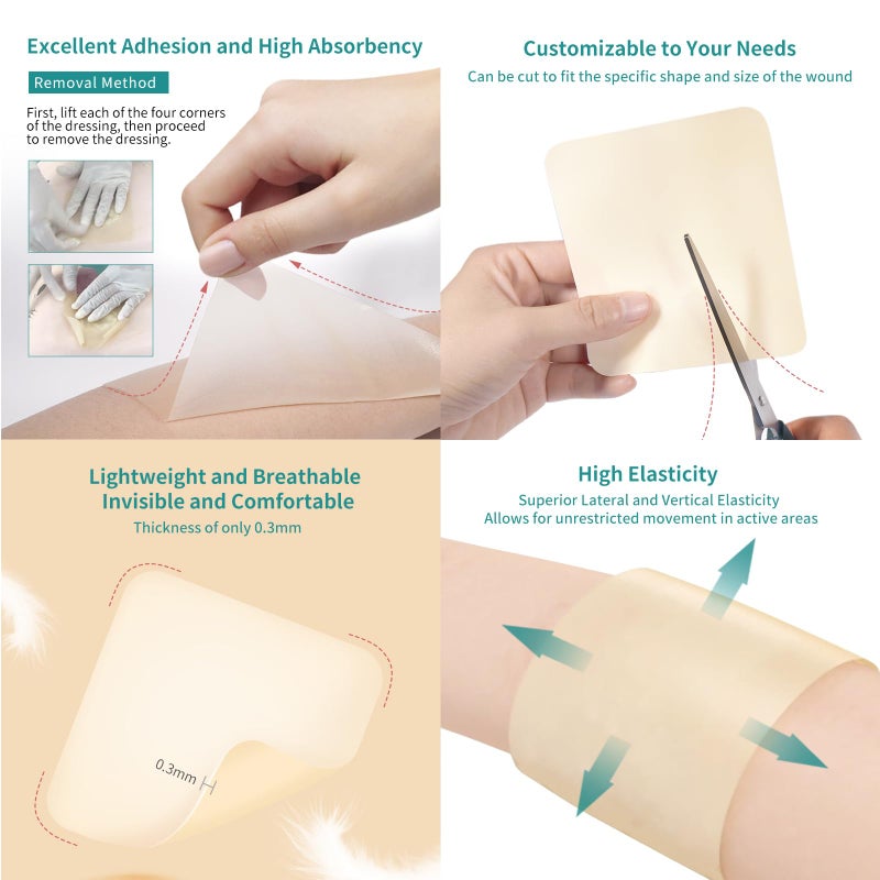 Dimora Hydrocolloid Wound Dressing, 10 Pcs Ultra Thin 4" x 4" Large Patch Bandages with Self-Adhesive, Fast Healing for Bedsore, Burn, Blister, Acne Care, Sterile and Waterproof - Image 4