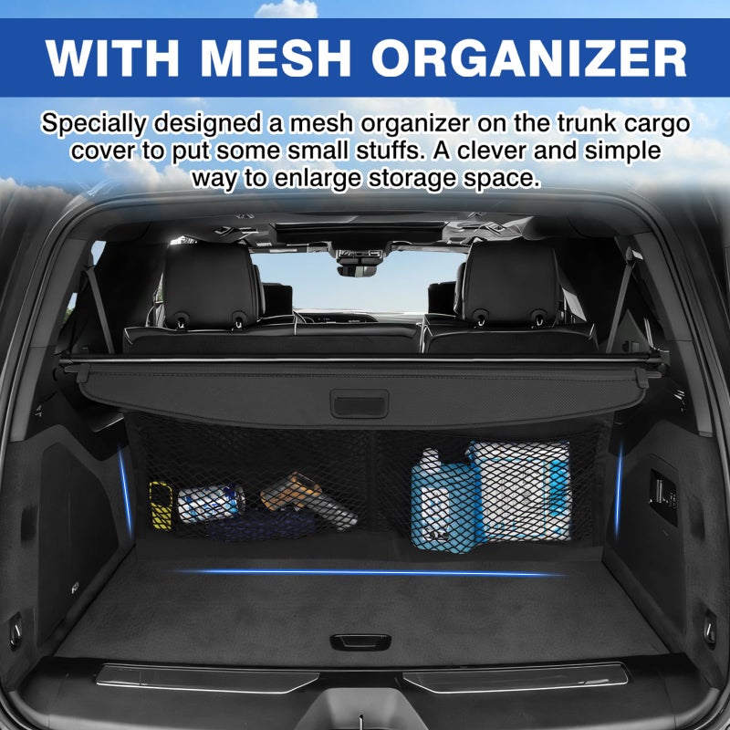 Autorder Cargo Cover for 2021-2025 Chevrolet Tahoe/Suburban/Cadillac Escalade/GMC Yukon Accessories Upgraded Trunk Cover with Extra Storage Net Carbon Fiber Retractable Security Shield Shade - Image 4