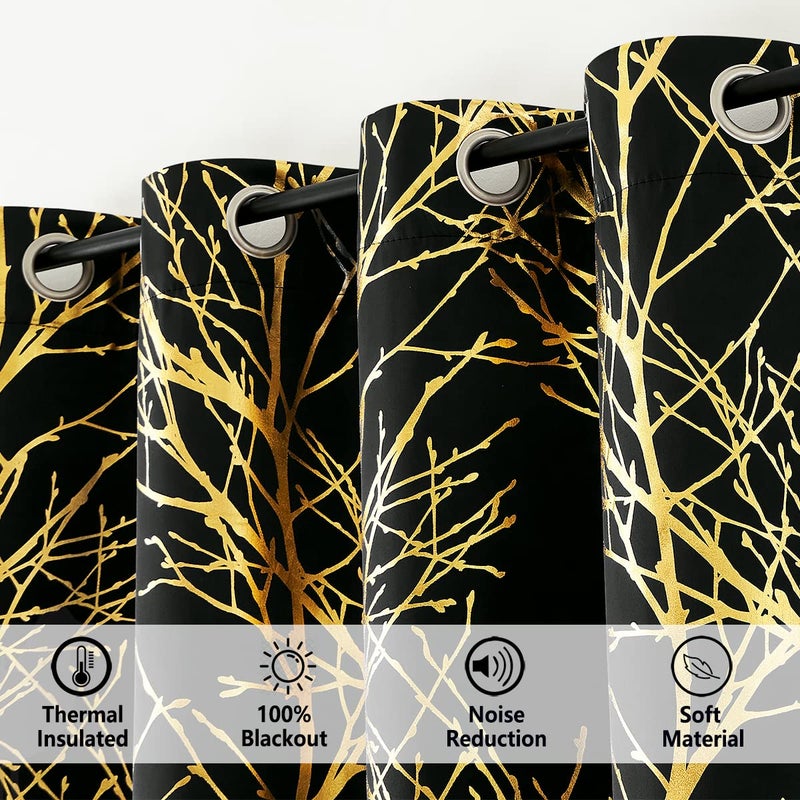 FMFUNCTEX Gold Tree Blackout Curtains Black Foil Print Thermal Insulated Window Curtain Panels for Living Room Bedroom Shiny Metallic Branch Curtains Energy Efficient Full Blackout Curtains Grommet Top 2 Panels - Image 2