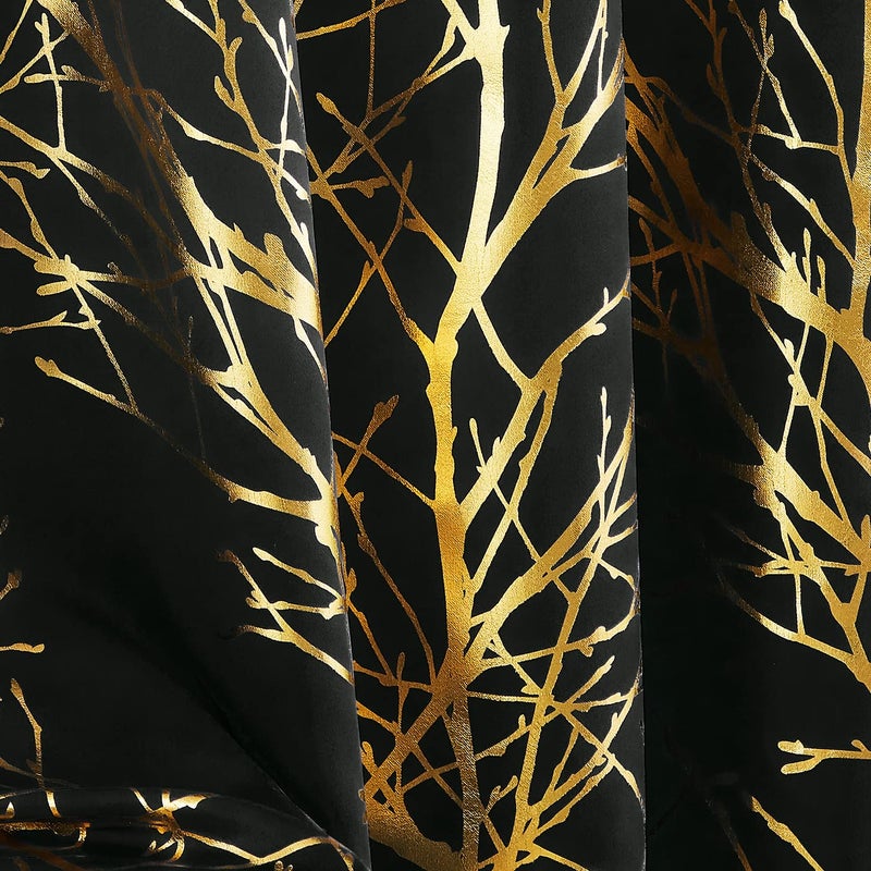 FMFUNCTEX Gold Tree Blackout Curtains Black Foil Print Thermal Insulated Window Curtain Panels for Living Room Bedroom Shiny Metallic Branch Curtains Energy Efficient Full Blackout Curtains Grommet Top 2 Panels - Image 5