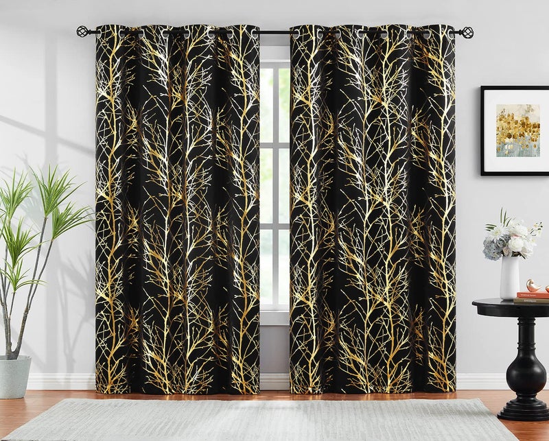 FMFUNCTEX Gold Tree Blackout Curtains Black Foil Print Thermal Insulated Window Curtain Panels for Living Room Bedroom Shiny Metallic Branch Curtains Energy Efficient Full Blackout Curtains Grommet Top 2 Panels - Image 3