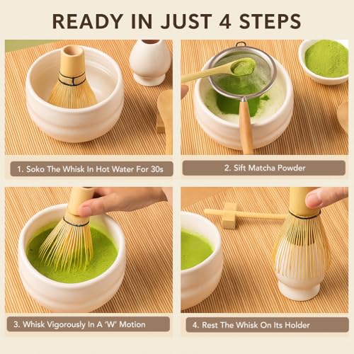 Soko Matcha Whisk Set of 5 | Japanese Handmade Bamboo Chasen Whisk, Scoop, Spoon, Sifter & Ceramic Holder | Traditional Green Tea Ceremony Kit for Home, Kitchen & Handcrafted Tea Tools - Green - Image 4