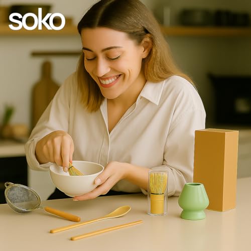 Soko Matcha Whisk Set of 5 | Japanese Handmade Bamboo Chasen Whisk, Scoop, Spoon, Sifter & Ceramic Holder | Traditional Green Tea Ceremony Kit for Home, Kitchen & Handcrafted Tea Tools - Green - Image 5