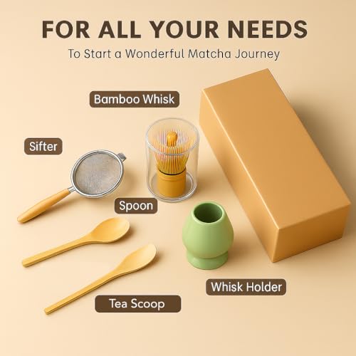 Soko Matcha Whisk Set of 5 | Japanese Handmade Bamboo Chasen Whisk, Scoop, Spoon, Sifter & Ceramic Holder | Traditional Green Tea Ceremony Kit for Home, Kitchen & Handcrafted Tea Tools - Green - Image 2