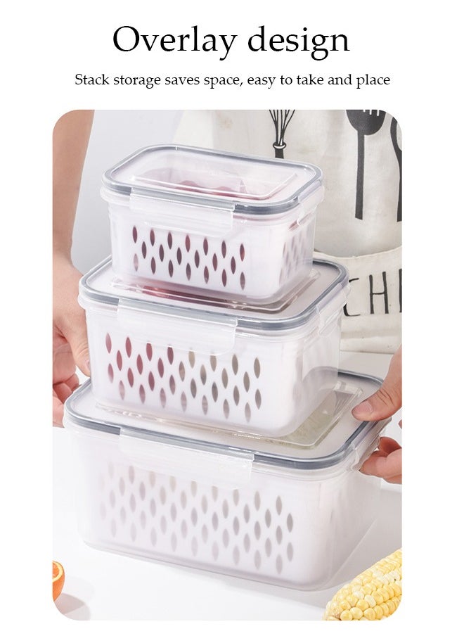 DUNISO 3-Pack Fruit Storage Containers For Fridge， Draining Storage Boxes With Removable Colander, Refrigerator Airtight Vegetables Berries Fresh Salad Containers, Leakproof Durable Airtight Storage Boxes, All-In-One Food Storage Containers For Washing, Draining And Preserving，Grey  - Image 3