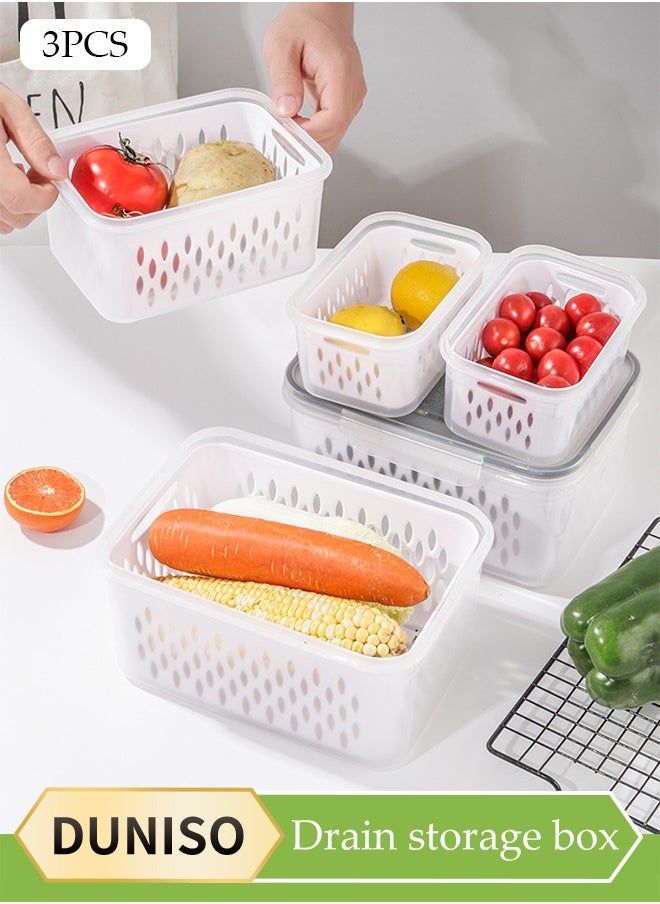 DUNISO 3-Pack Fruit Storage Containers For Fridge， Draining Storage Boxes With Removable Colander, Refrigerator Airtight Vegetables Berries Fresh Salad Containers, Leakproof Durable Airtight Storage Boxes, All-In-One Food Storage Containers For Washing, Draining And Preserving，Grey  - Image 1