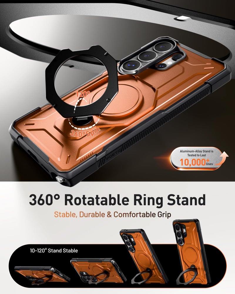 Poetic for Galaxy S26 Ultra Case | 360Â° Rotate Magnetic Ring Kickstand | Compatible with MagSafe | Military Grade Drop Proof Protection Cover | 2 Tempered Glass Screen Protector | Metallic Orange - Image 3