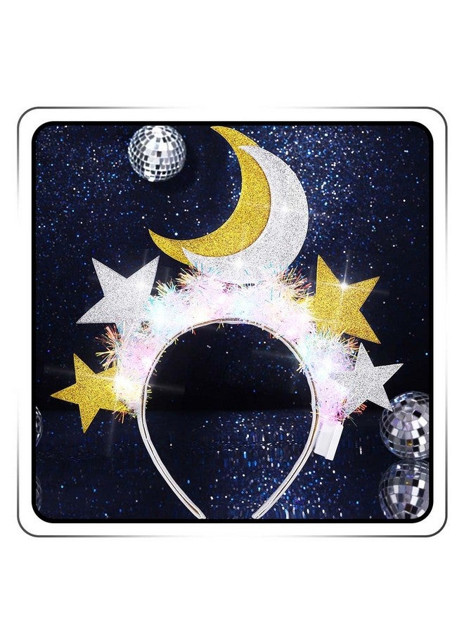 ايفينت عصابة رأس مضيئة على شكل نجمة وقمر متوهج وطوق شعر مضيء وزينة لامعة وزينة رأس للحفلات التنكرية والنوادي الليلية للنساء (ذهبي + فضي) - Image 1