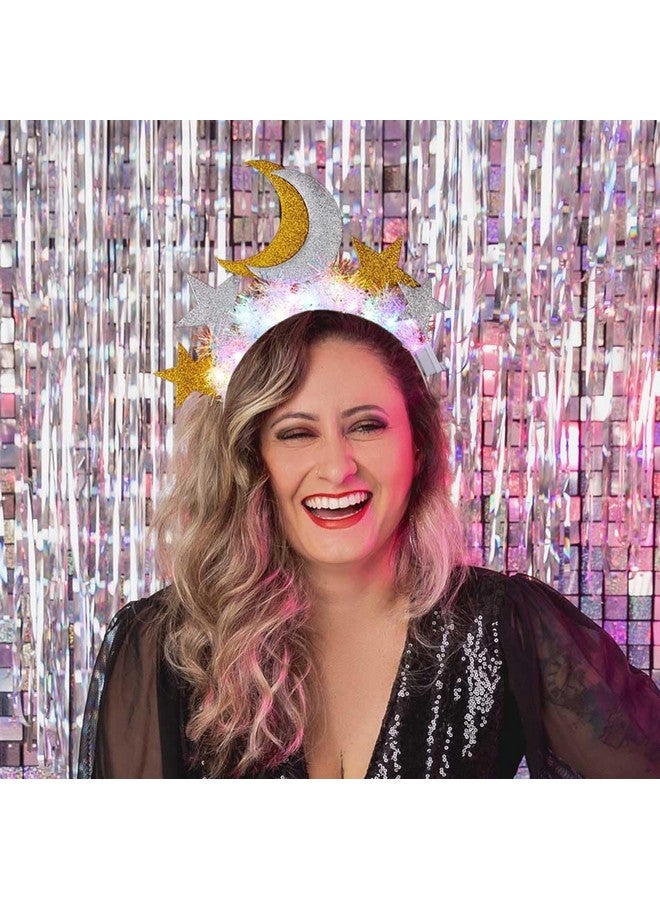 ايفينت عصابة رأس مضيئة على شكل نجمة وقمر متوهج وطوق شعر مضيء وزينة لامعة وزينة رأس للحفلات التنكرية والنوادي الليلية للنساء (ذهبي + فضي) - Image 2