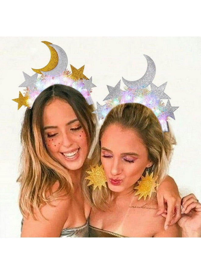 ايفينت عصابة رأس مضيئة على شكل نجمة وقمر متوهج وطوق شعر مضيء وزينة لامعة وزينة رأس للحفلات التنكرية والنوادي الليلية للنساء (ذهبي + فضي) - Image 4