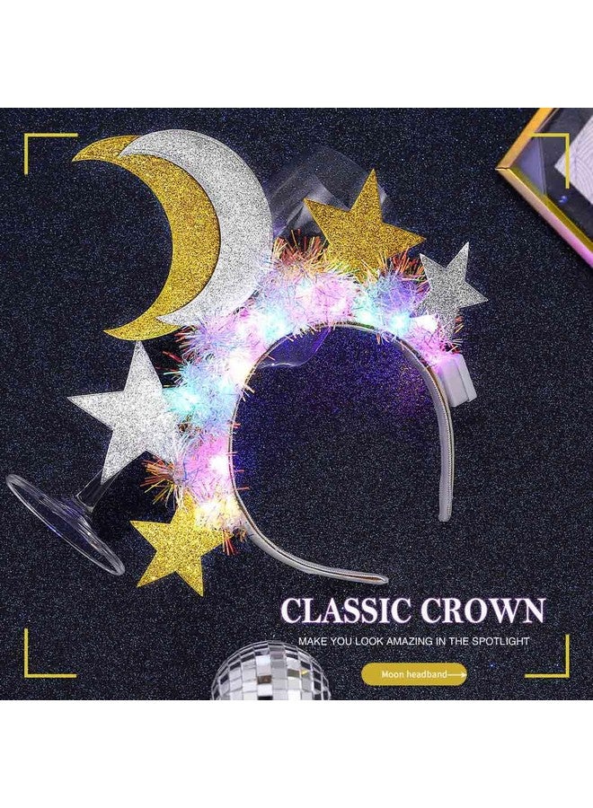 ايفينت عصابة رأس مضيئة على شكل نجمة وقمر متوهج وطوق شعر مضيء وزينة لامعة وزينة رأس للحفلات التنكرية والنوادي الليلية للنساء (ذهبي + فضي) - Image 3