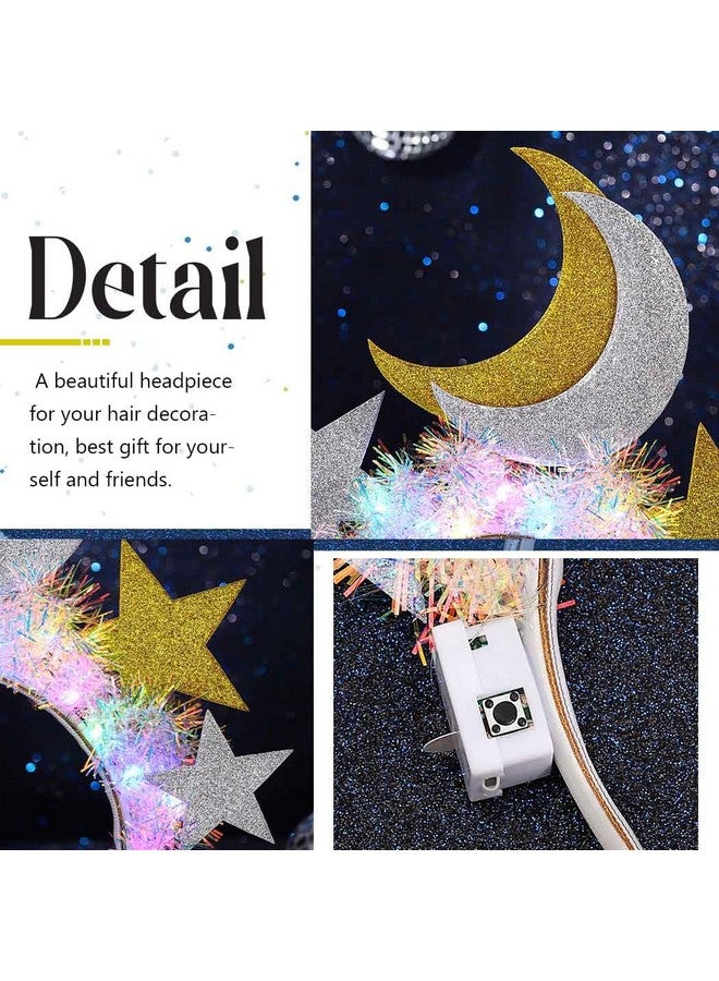 ايفينت عصابة رأس مضيئة على شكل نجمة وقمر متوهج وطوق شعر مضيء وزينة لامعة وزينة رأس للحفلات التنكرية والنوادي الليلية للنساء (ذهبي + فضي) - Image 5