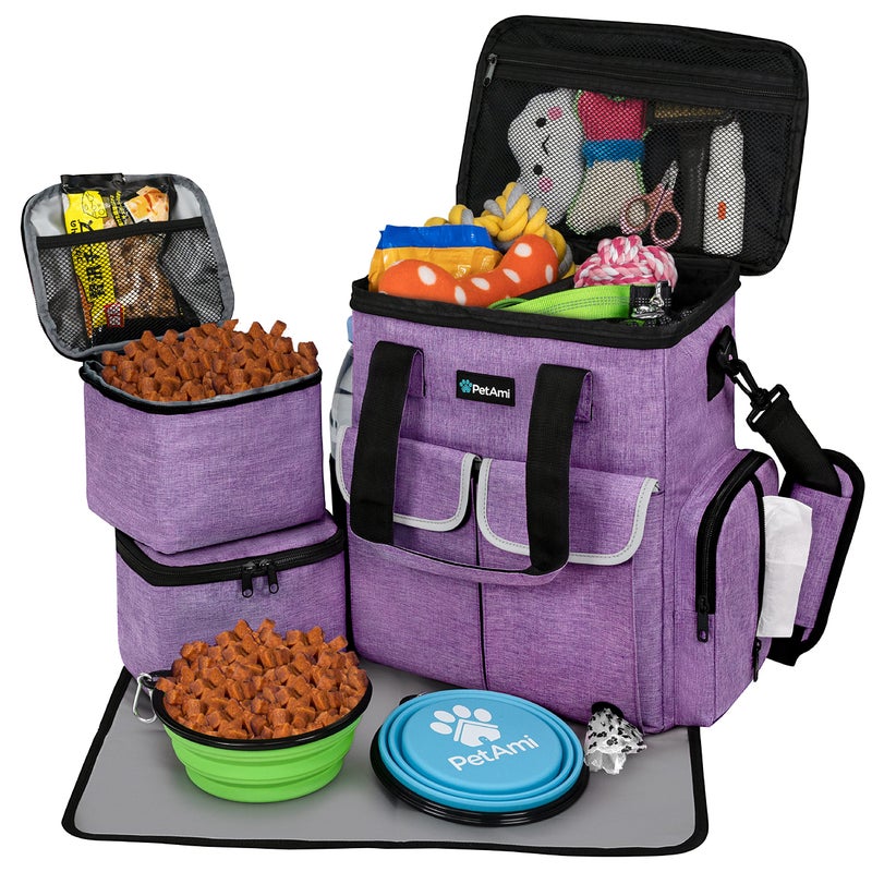PetAmi Dog Travel Bag Pet Supplies Accessories Organizer for Traveling Camping Weekend Cat Pet Travel Bag Kit Includes 2 Food Storage Containers 2 Collapsible Bowls 1 Feeding Mat Purple
