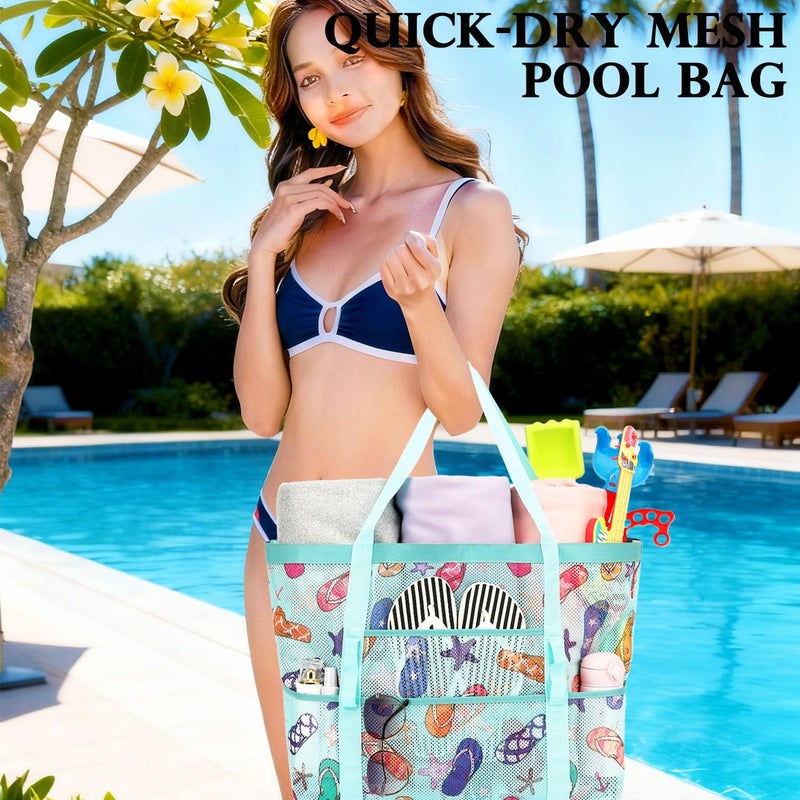 Fammart Mesh Beach Bag, Large Beach Tote with Zipper Pocket for Family Pool Bag for Toys & Vacation Essentials, Slipper - Image 2