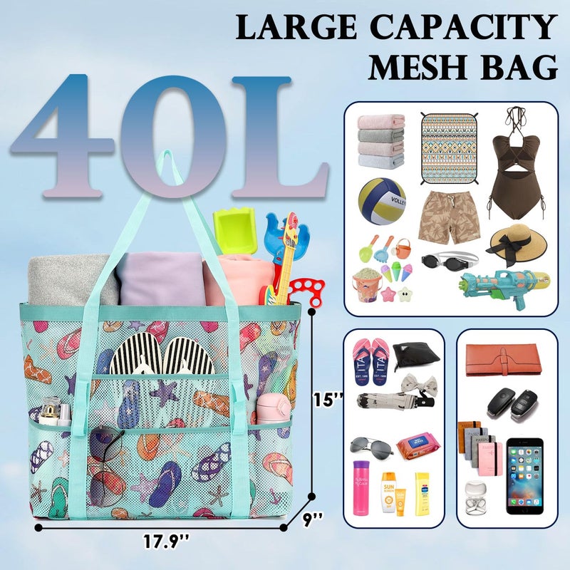 Fammart Mesh Beach Bag, Large Beach Tote with Zipper Pocket for Family Pool Bag for Toys & Vacation Essentials, Slipper - Image 4