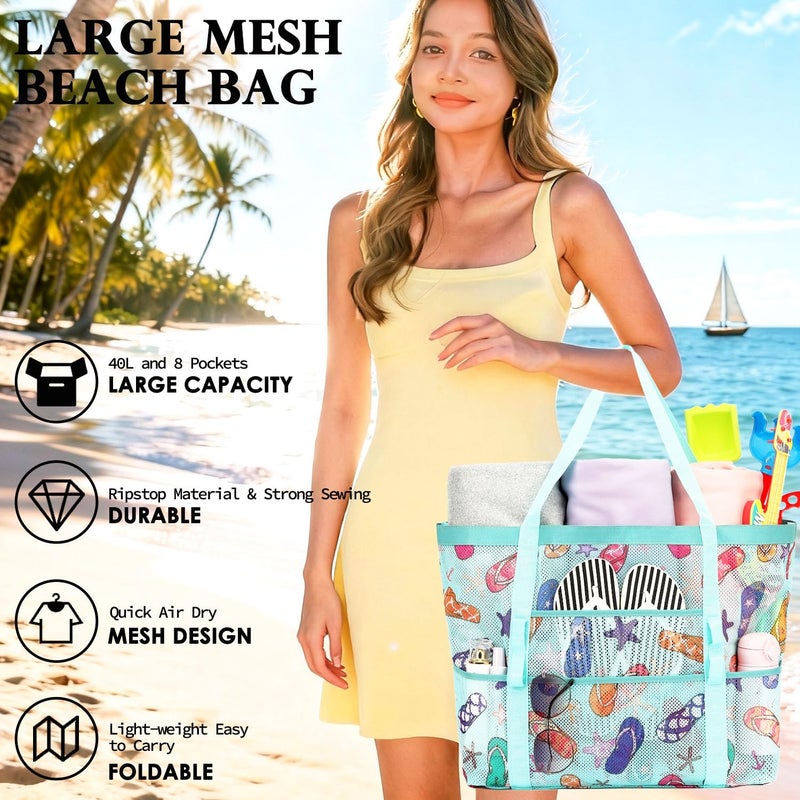 Fammart Mesh Beach Bag, Large Beach Tote with Zipper Pocket for Family Pool Bag for Toys & Vacation Essentials, Slipper - Image 3