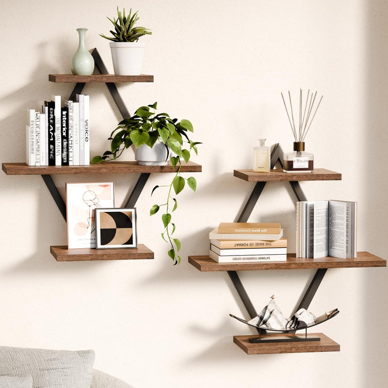 iFaveorr Floating Shelves, Wall Shelf Set of 2, Wall Mounted Shelves, 3-Tier Hanging Wall Shelves for Bathroom, Living Room, Bedroom, Kitchen, Office (Rustic Brown) - Image 1