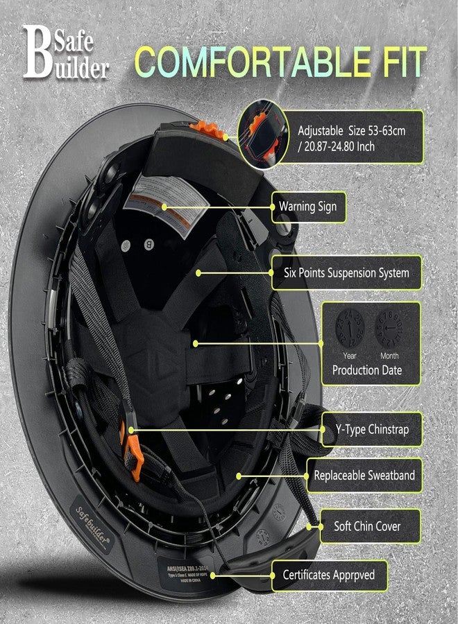 SAFEBUILDER SBD-G1C Construction Full Brim Safety Helmet HDPE Hard Hat Vented Hardhats Sunshade Carbon Fiber Pattern Industrial Work Certified ANSI/ISEA Z89.1 (Bright Black Hat) - Image 3