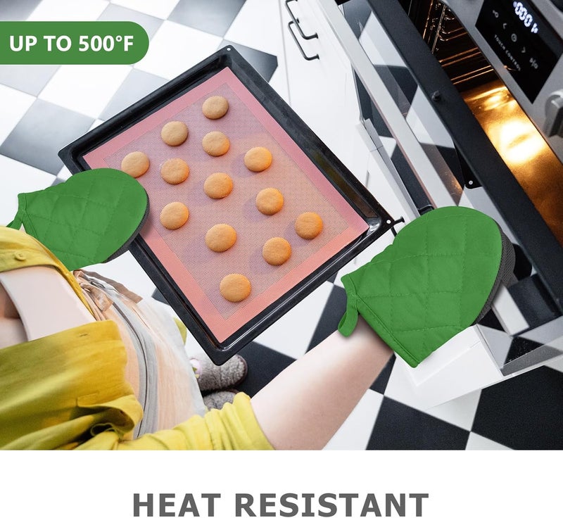 Qulable 1 Pair Short Oven Mitts - Silicone Kitchen Oven Gloves High Heat Resistant 500℉, Mini Oven Mits with Non-Slip Grip Surfaces and Hanging Loop for BBQ, Baking, Cooking and Grilling (Green) - Image 2