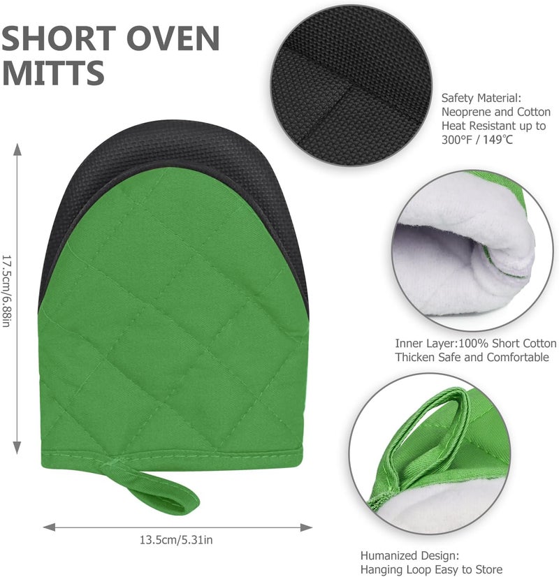 Qulable 1 Pair Short Oven Mitts - Silicone Kitchen Oven Gloves High Heat Resistant 500℉, Mini Oven Mits with Non-Slip Grip Surfaces and Hanging Loop for BBQ, Baking, Cooking and Grilling (Green) - Image 3