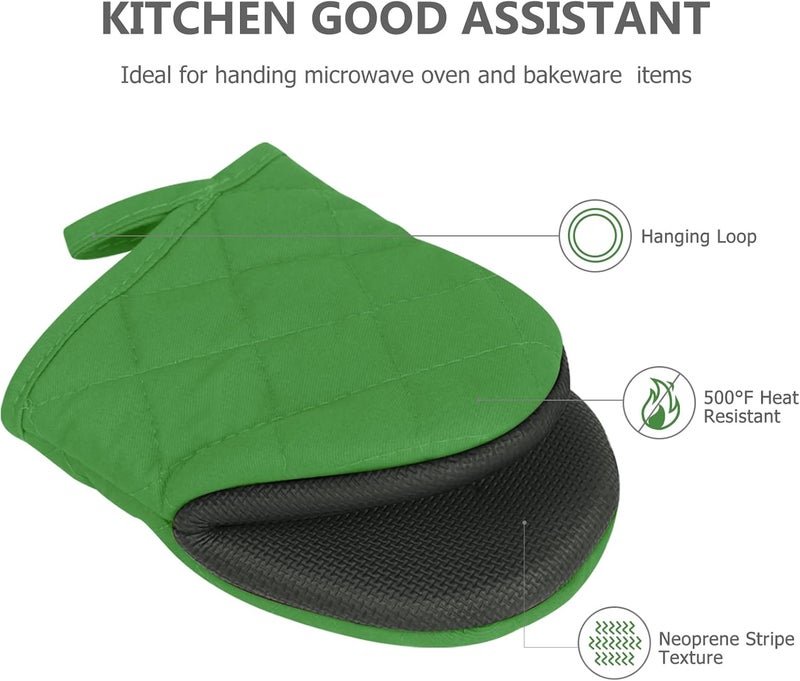 Qulable 1 Pair Short Oven Mitts - Silicone Kitchen Oven Gloves High Heat Resistant 500℉, Mini Oven Mits with Non-Slip Grip Surfaces and Hanging Loop for BBQ, Baking, Cooking and Grilling (Green) - Image 4