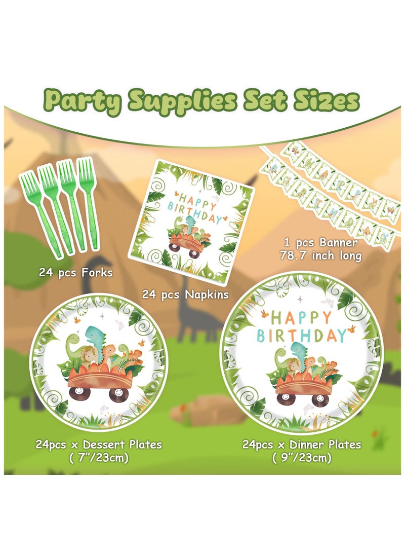 Zikra Dinosaur Party Supplies Kit for 24 Guests, 97 Pcs Disposable Dinosaur Party Tableware, Including Plates, Forks, Napkins, Bunting, Perfect for Kids' Dinosaur, Themed Birthdays and Baby Showers - Image 2