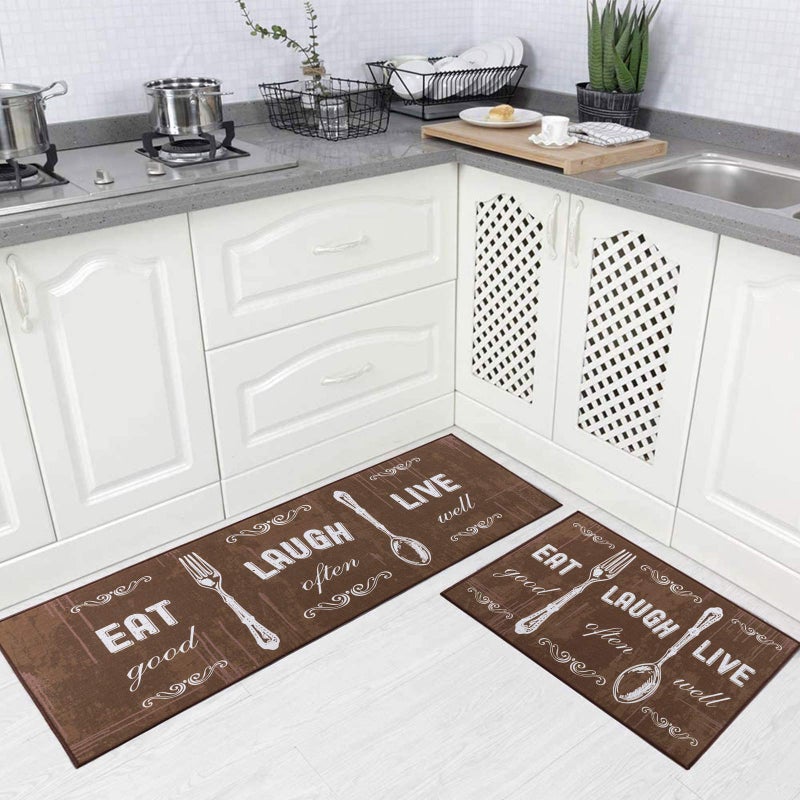 Carvapet 2 Piece Kitchen Rug Set Coffee Non Slip Washable Kitchen Floor Mats with Rubber Backing Includes 17x48 Runner and 17x24 Doormat Farmhouse Motto Design