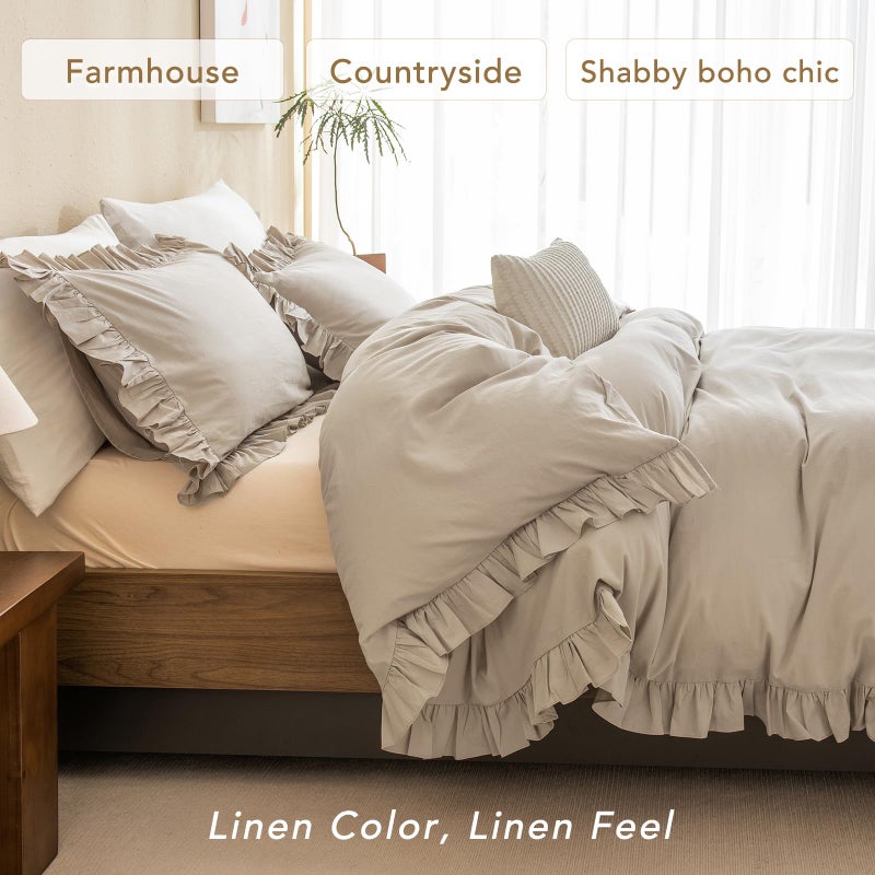 QSH Washed Cotton Queen Duvet Cover Set Ruffle Duvet Cover Linen Textured Farmhouse Shabby Vintage Chic Bedding Comforter Cover 3 PCs Aesthetic French Country Queen Bed Set - Image 3