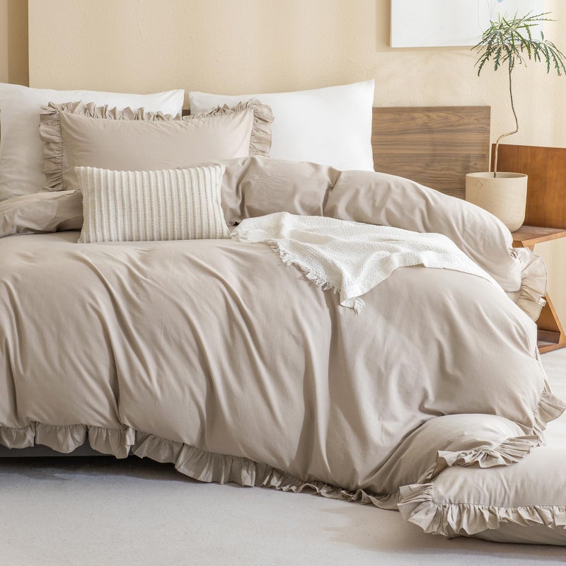 QSH Washed Cotton Queen Duvet Cover Set Ruffle Duvet Cover Linen Textured Farmhouse Shabby Vintage Chic Bedding Comforter Cover 3 PCs Aesthetic French Country Queen Bed Set - Image 4