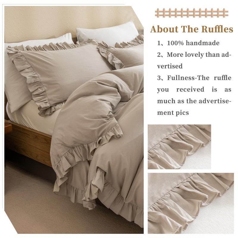 QSH Washed Cotton Queen Duvet Cover Set Ruffle Duvet Cover Linen Textured Farmhouse Shabby Vintage Chic Bedding Comforter Cover 3 PCs Aesthetic French Country Queen Bed Set - Image 5