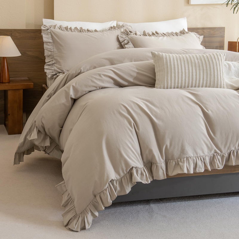 QSH Washed Cotton Queen Duvet Cover Set Ruffle Duvet Cover Linen Textured Farmhouse Shabby Vintage Chic Bedding Comforter Cover 3 PCs Aesthetic French Country Queen Bed Set - Image 1